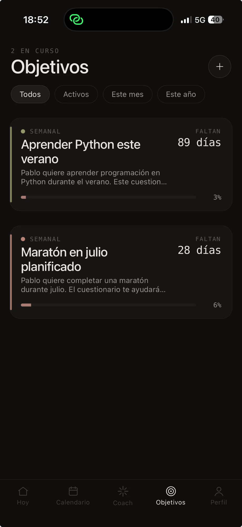 Pantalla de objetivos de Peakly con dos metas y sus barras de progreso