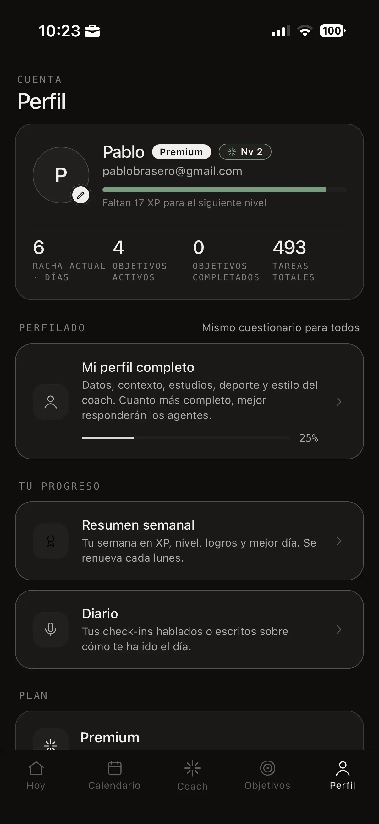 Pantalla de perfil de Peakly con el nivel, la racha y los accesos a progreso y diario
